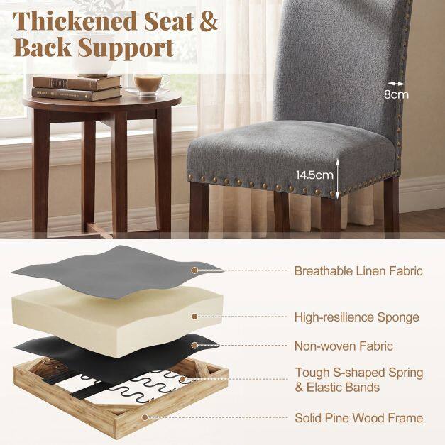 Set of 2 Dining Chairs, Comfortable Padded Kitchen Chairs with Backrest and Wooden Legs, 3 Grey Floor Mats Set of 2 Dining Chairs, Comfortable Padded Kitchen Chairs with Backrest and Wooden Legs, 3 Grey Floor Mats