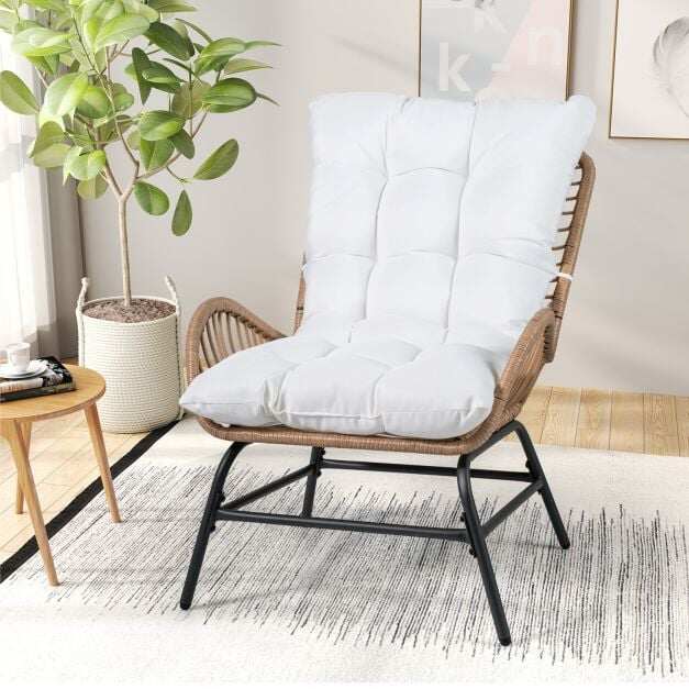 PE Rattan Leisure Chair with Cushion and Solid Metal Frame-White