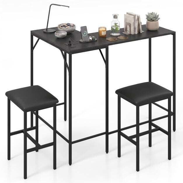 3-Piece Bar Table & Chair Set w/2 AC Outlets USB Port & Type-C Port for Kitchen Corner Bar-Black