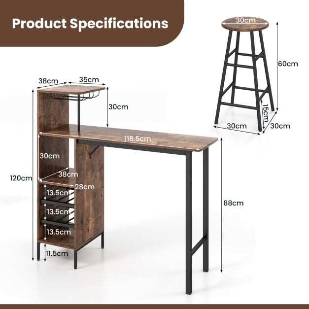 Costway 3-Piece Bar Table and Chair Set with Wine Glass Holders and 6-Bottle Wine Racks-Brown