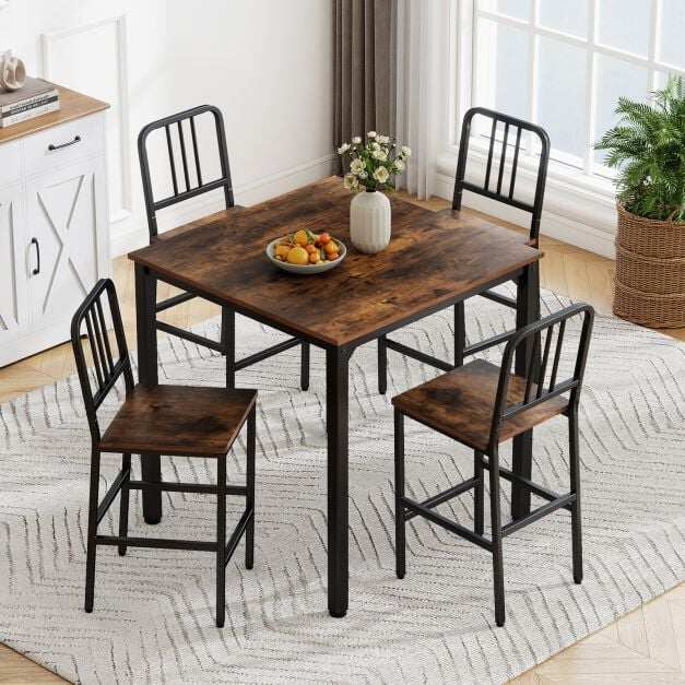 Counter Height Dining Table Set for 4 Kitchen Bar Table and Chairs Set with Faux Marble Surface-Rustic Brown