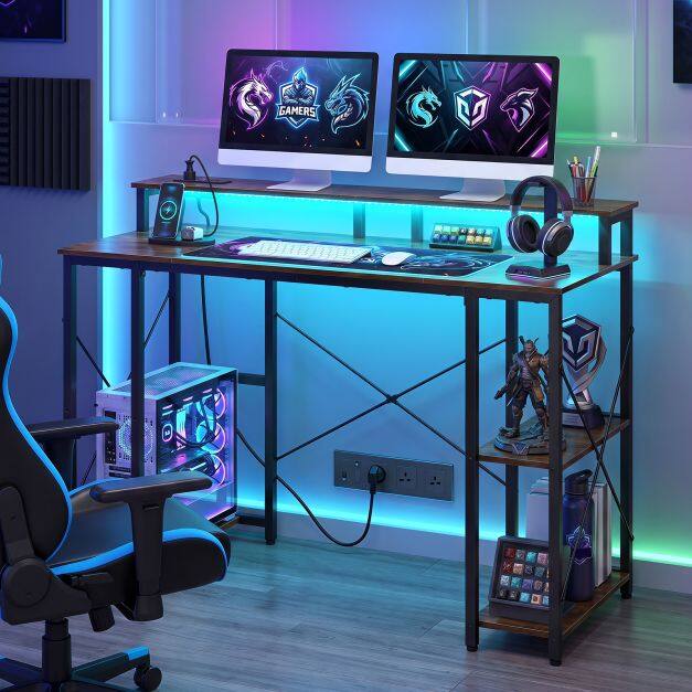 120 cm Computer Desk with Charging Station LED Lights and Storage Shelves-Rustic Brown