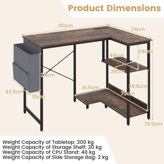 39.5″ L-Shaped Computer Desk with Integrated Charging Hub-Rustic Brown 39.5″ L-Shaped Computer Desk with Integrated Charging Hub-Rustic Brown