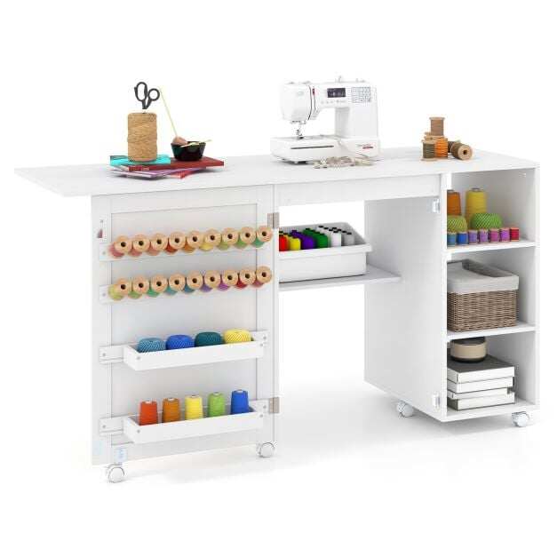 Folding Sewing Table with Rattan Door and Lockable Casters for Craft-White