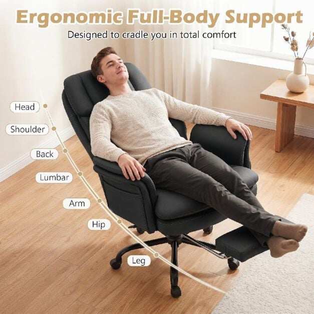Ergonoomiline ristijalgadega kontoritool, suur ja kõrge juhitool väljatõmmatava jalatoega - must
