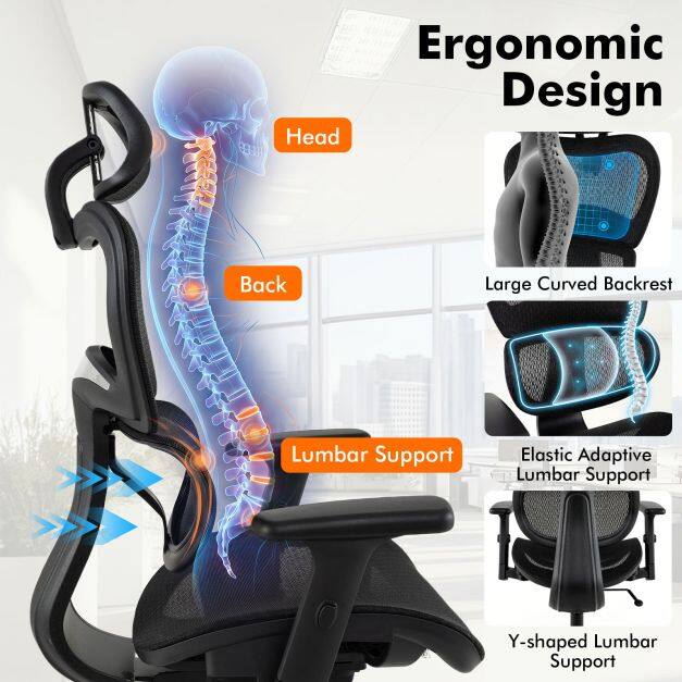 Ergonoomiline kontoritool võrgust, reguleeritavate käetugede ja peatoega lauatool, must