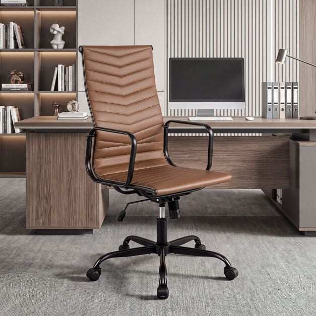 Ribbed Office Chair High Back PU Leather for Home Office with Adjustable Height-Brown