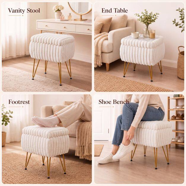 Faux Fur Ottoman with Metal Legs and 2-in-1 Design for Living Room Bedroom-Beige