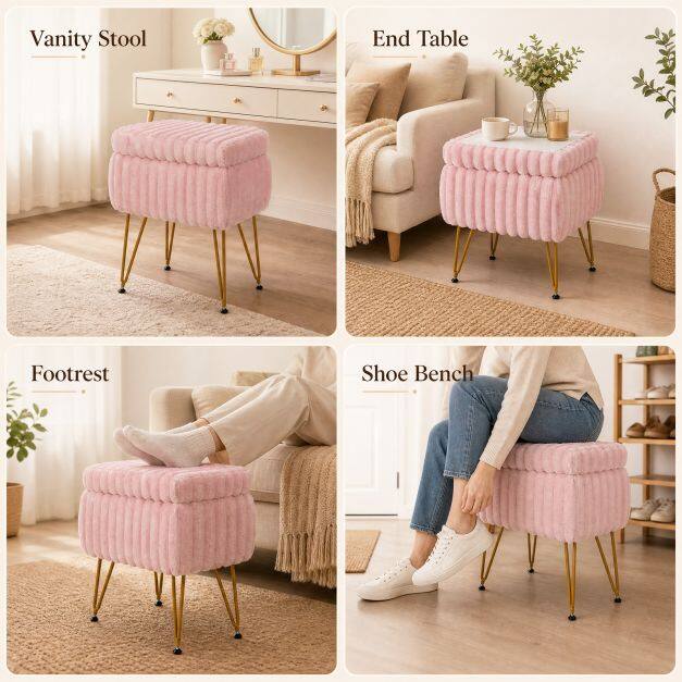 Vanity Stool with Storage and Reversible Lid Faux Fur Upholstered Ottoman-Pink