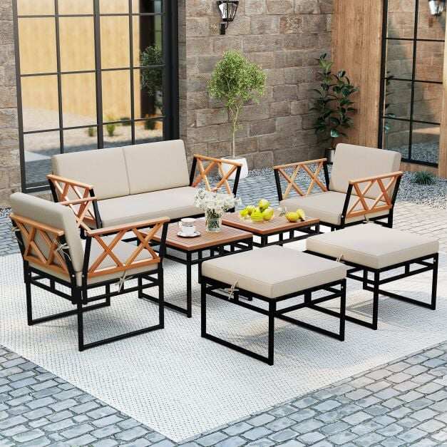 7 Piece Outdoor Conversation Set with Ottomans for Porch-Beige