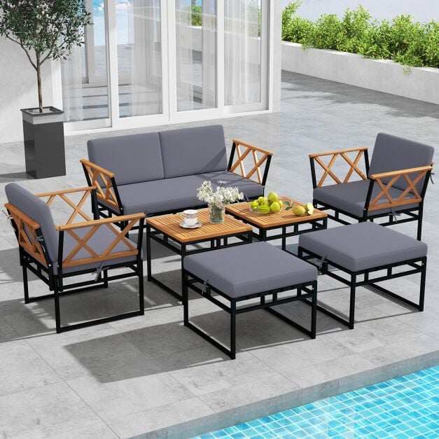 7 Piece Outdoor Conversation Set with Ottomans for Porch-Grey