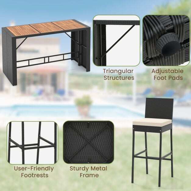 7-Piece Patio Bar Dining Set PE Rattan Furniture Set with Acacia Wood Tabletop and Soft Cushions-White