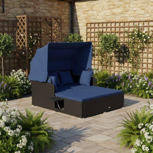 Garden Rattan Daybed with Retractable Canopy and Cushions-Navy Garden Rattan Daybed with Retractable Canopy and Cushions-Navy