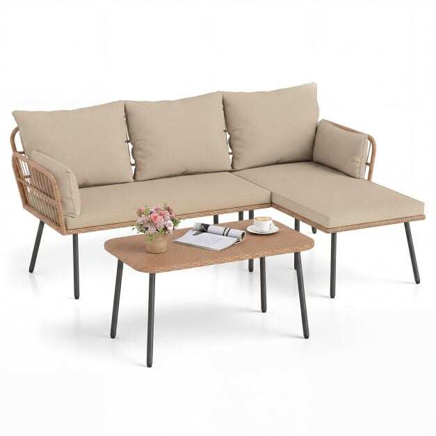 Outdoor L Shape Sofa Set with Coffee Table and Removable Cushions for Porch-Brown