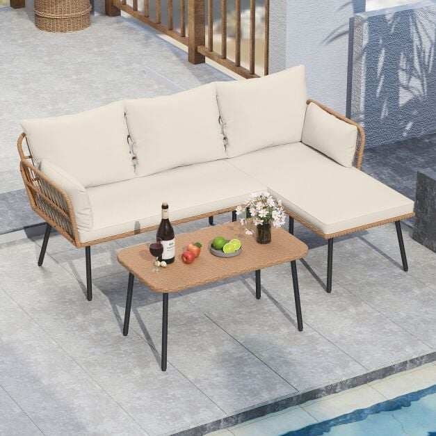 Outdoor L Shape Sofa Set with Coffee Table and Removable Cushions for Porch-White