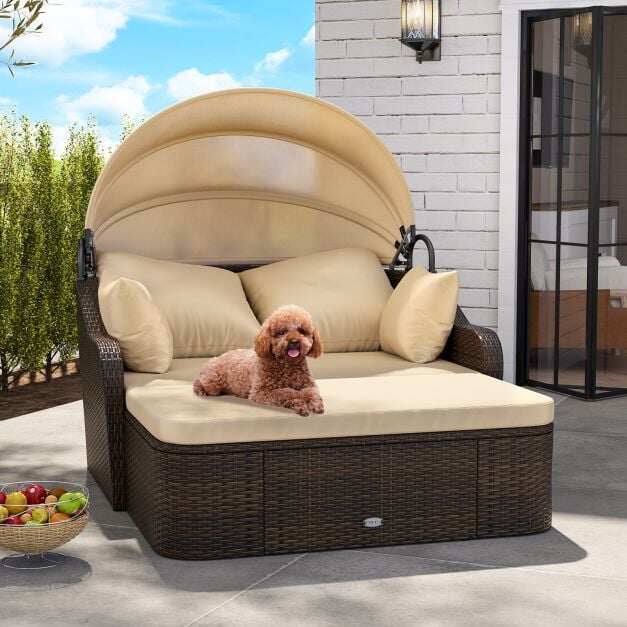 PE Rattan Daybed with Retractable Canopy and Soft Cushions for Backyard-Brown