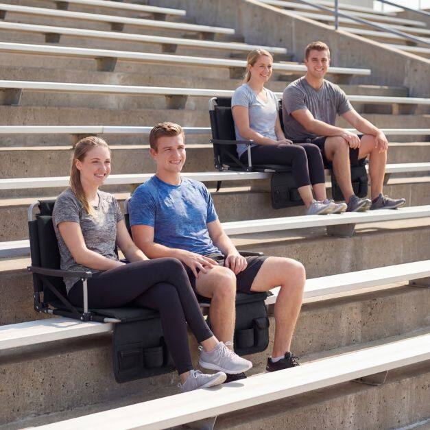 Portable stadium seat with backrest, foldable grandstand chair with shoulder strap, black