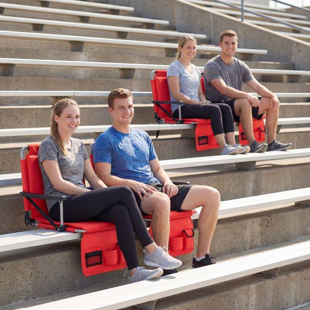 Portable stadium seat with backrest, foldable grandstand chair with shoulder strap & drink holder, red