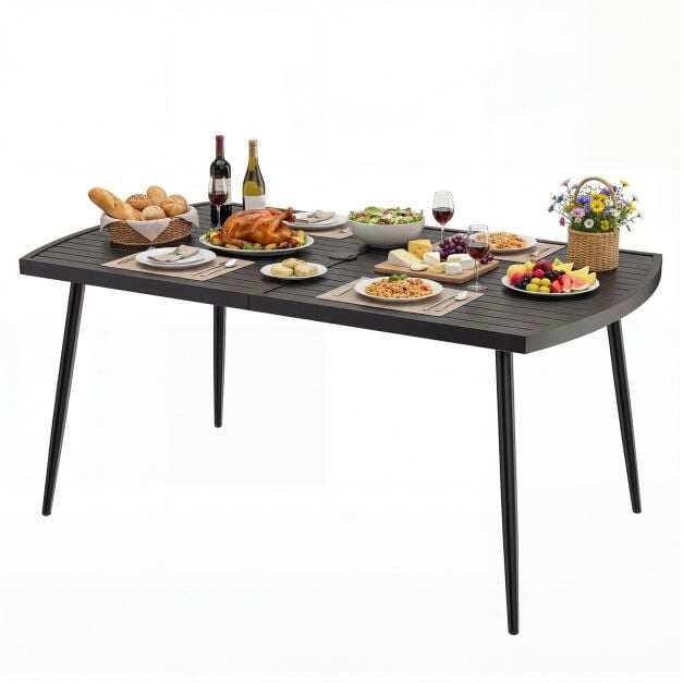Aialaud 160 x 90 cm, õues kasutamiseks mõeldud söögilaud 6 inimesele, metallist rõdulaud 4 cm päikesevarjuauguga