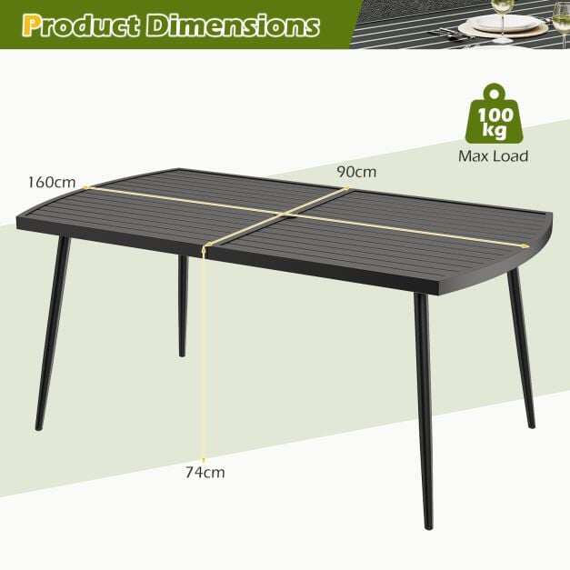 Aialaud 160 x 90 cm, õues kasutamiseks mõeldud söögilaud 6 inimesele, metallist rõdulaud 4 cm päikesevarjuauguga