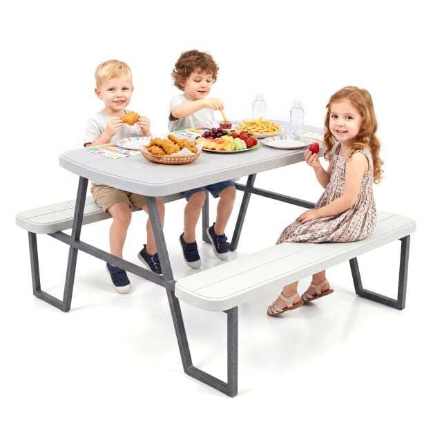 Camping Table and Chairs with Umbrella Hole and Metal Frame for Boys Girls Ages 3-8-White Camping Table and Chairs with Umbrella Hole and Metal Frame for Boys Girls Ages 3-8-White