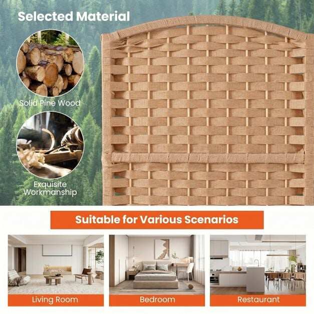 6-Panel Room Divider Folding Privacy Screen with Hand-woven Texture-Natural 6-Panel Room Divider Folding Privacy Screen with Hand-woven Texture-Natural