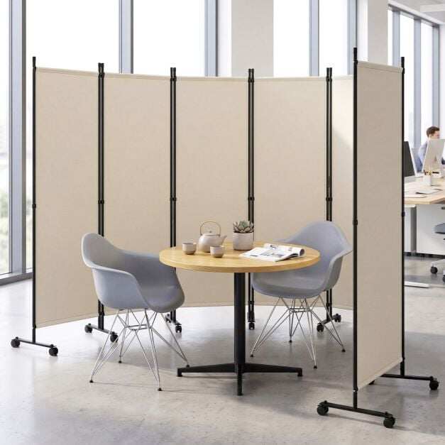 Room Divider 6-Panel Folding Privacy Screen with Lockable Rolling Wheels-Beige Room Divider 6-Panel Folding Privacy Screen with Lockable Rolling Wheels-Beige