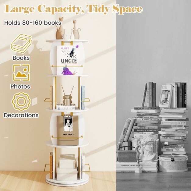 Rotating wooden bookshelf with rotating base and safety railing, 40 x 40 x 128.5 cm, white