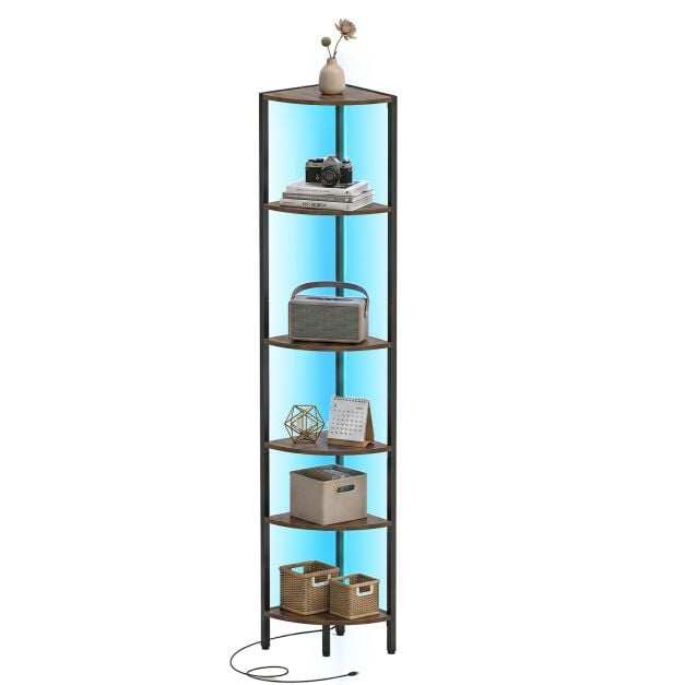 Costway 6-Tier Corner Shelf 68 inch Tall Narrow Display Bookshelf with LED Lights-Rustic Brown Costway 6-Tier Corner Shelf 68 inch Tall Narrow Display Bookshelf with LED Lights-Rustic Brown