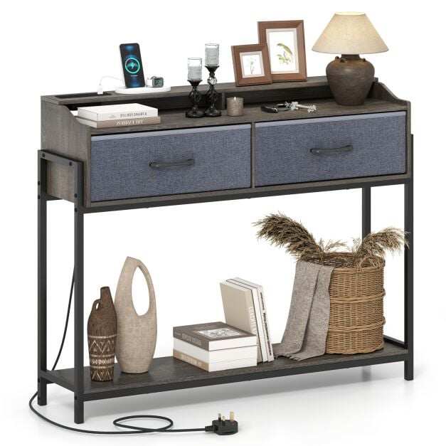 Console Table with Charging Station 110cm Entryway Table with 2 Drawers-Grey Console Table with Charging Station 110cm Entryway Table with 2 Drawers-Grey