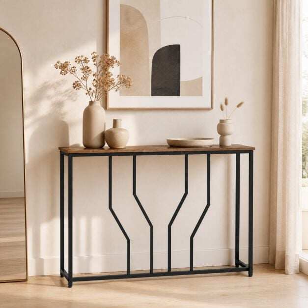 Kitsas metallist konsoollaud ümberminekuvastaste seadmetega, 110 x 30 x 80 cm, maalähedane pruun