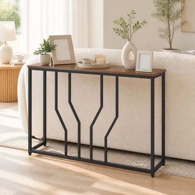 Narrow metal console table with anti-tip devices, 110 x 30 x 80 cm, rustic brown
