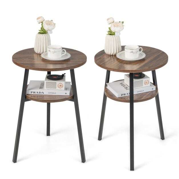 2 Pack 2-Tier Wooden Round Side Table with Storage Shelf-Brown