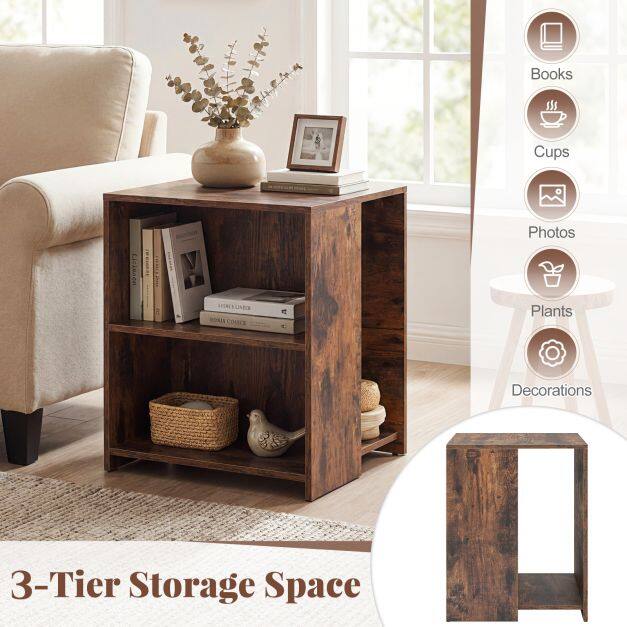 Square Sofa Side Table with Open Storage Shelves for Living Room and Bedroom-Rustic Brown