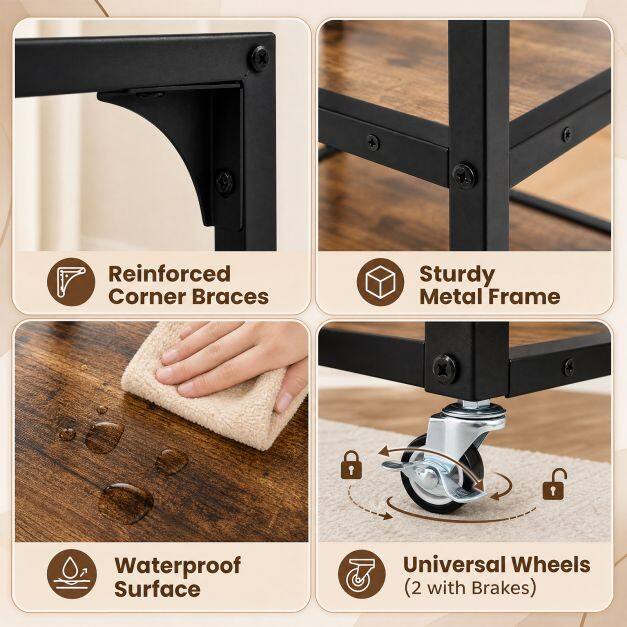 Side table, 3 tiers, bedside table with glass top, sofa table, hollowed out with steel frame, brown