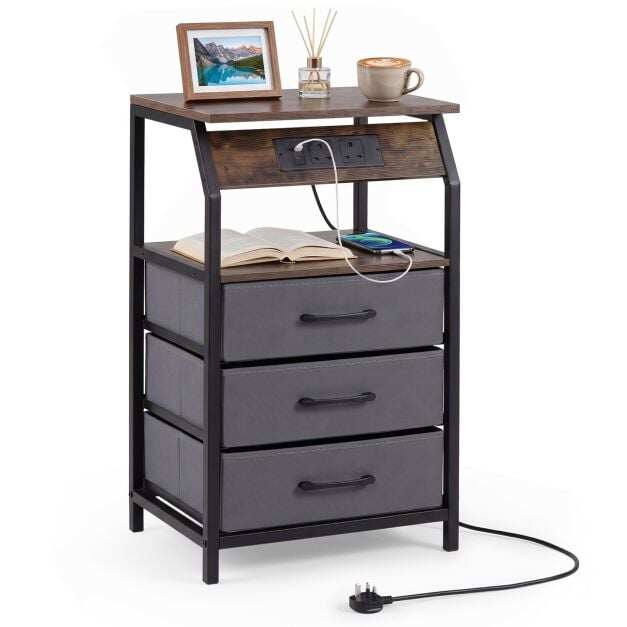 Set of 1 End Table with Charging Station and 3 Fabric Drawers for Living Room Set of 1 End Table with Charging Station and 3 Fabric Drawers for Living Room