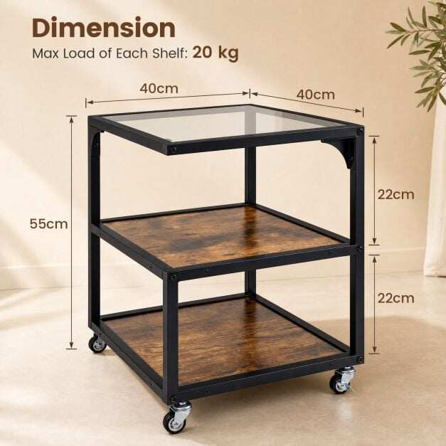 Set of 2 3‑Tier Mobile Side Table with Glass Top Rolling Open‑Corner Table-Rustic Brown Set of 2 3‑Tier Mobile Side Table with Glass Top Rolling Open‑Corner Table-Rustic Brown