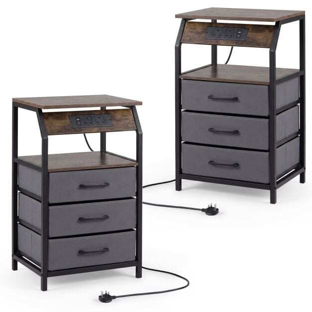 Set of 2 End Table with Charging Station and 3 Fabric Drawers for Living Room Set of 2 End Table with Charging Station and 3 Fabric Drawers for Living Room
