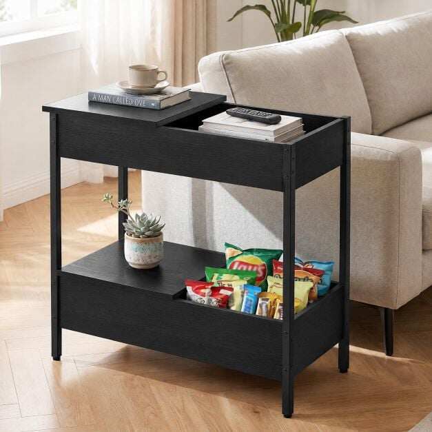 Narrow End Table with 2 Storage Shelves and 2 Removable Tabletops-Black Narrow End Table with 2 Storage Shelves and 2 Removable Tabletops-Black