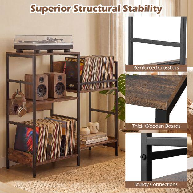 Turntable Stand with Record Rack Hanging Hooks and Compartments for Bedroom-Brown Turntable Stand with Record Rack Hanging Hooks and Compartments for Bedroom-Brown
