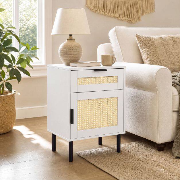 Bedside Table with Rattan-decorated Storage Drawer and Door Metal Legs-White