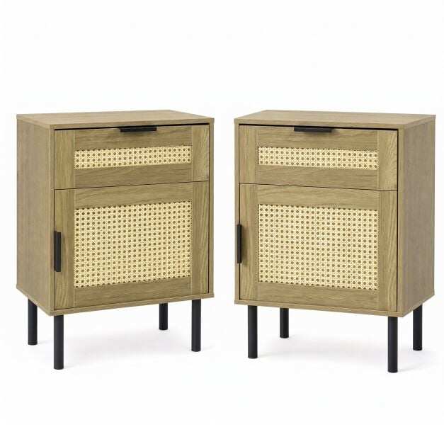 Set of 2 Bedside Table with Rattan-decorated Storage Drawer and Door Metal Legs-Natural Set of 2 Bedside Table with Rattan-decorated Storage Drawer and Door Metal Legs-Natural