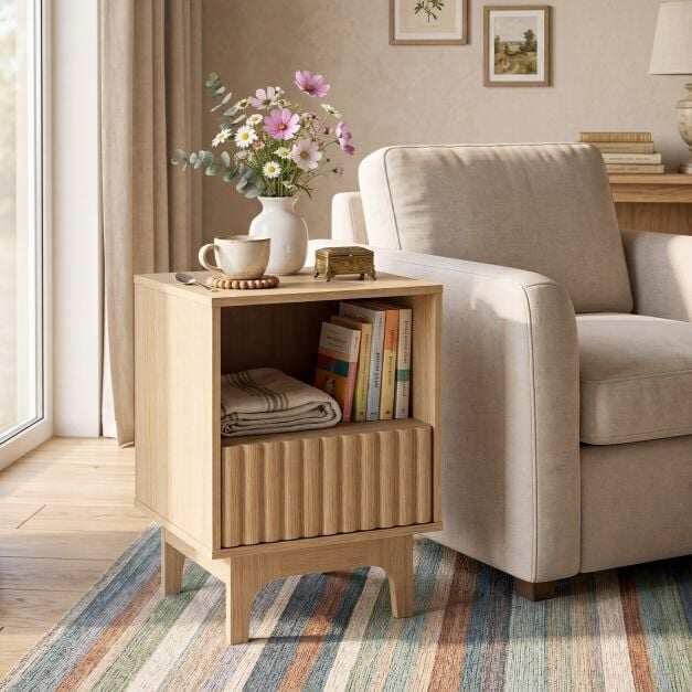 Brooklyn Fluted Nightstand Modern Wooden Night Stand with Open Compartment-Natural