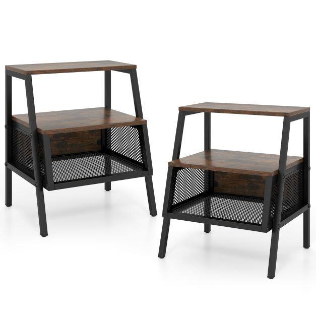 Costway Industrial Nightstand Set of 2 with 2 Open Shelves & Mesh Compartment for Small Spaces-Rustic Brown