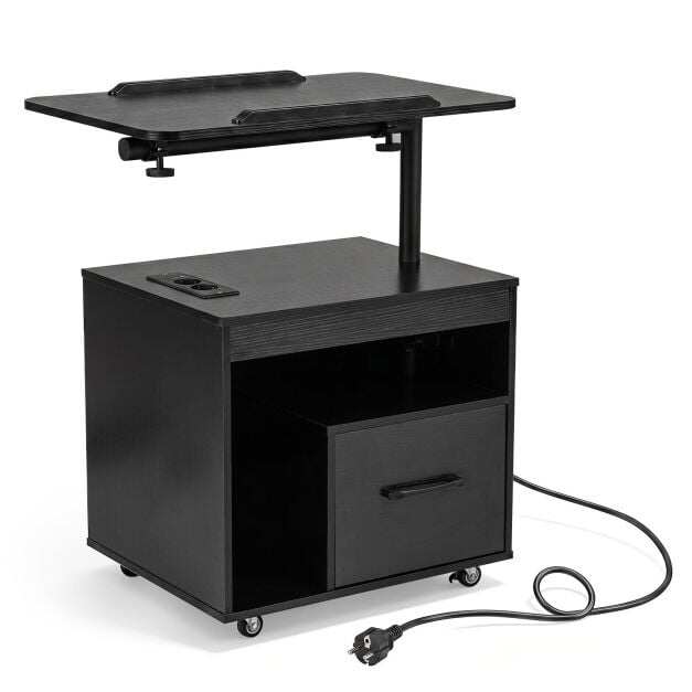 Nightstand with Charging Station and Rotatable Tabletop on Wheels for Bedroom-Black