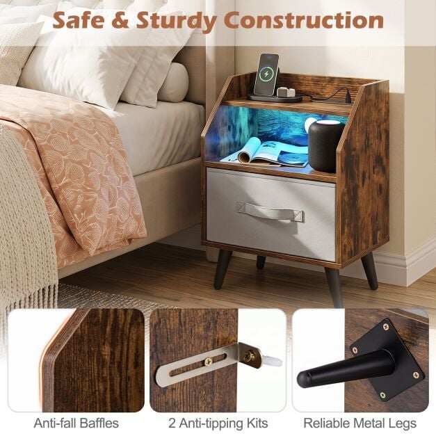 Nightstand with LED Lights and Power Outlets for Living Room Bedroom-Rustic Brown Nightstand with LED Lights and Power Outlets for Living Room Bedroom-Rustic Brown