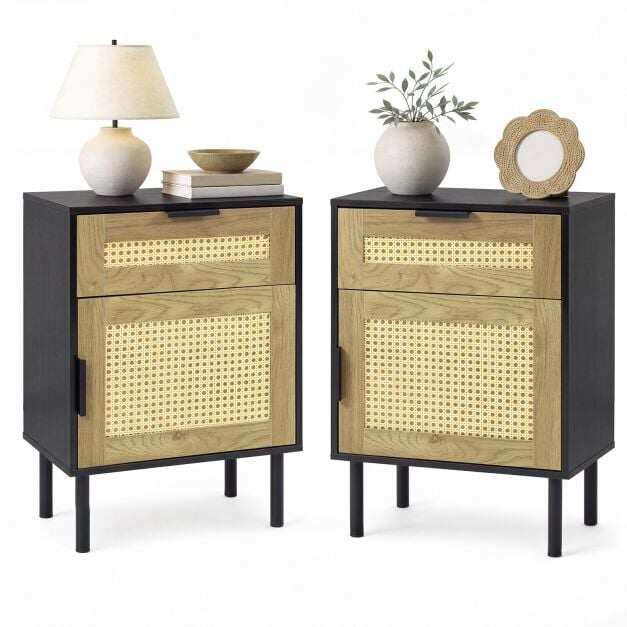 Set of 2 Bedside Table with Rattan-decorated Storage Drawer and Door Metal Legs-Black Set of 2 Bedside Table with Rattan-decorated Storage Drawer and Door Metal Legs-Black