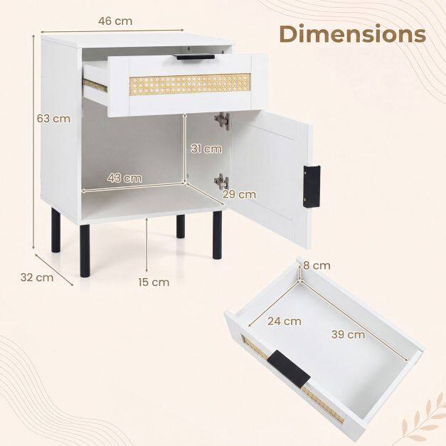 Set of 2 Bedside Table with Rattan-decorated Storage Drawer and Door Metal Legs-White Set of 2 Bedside Table with Rattan-decorated Storage Drawer and Door Metal Legs-White
