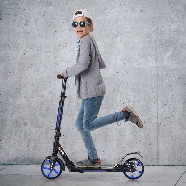 Sport Scooter with aluminum footboard Kickscooter Scooter Roller height adjustable Kick scooter foldable Black and blue wheels