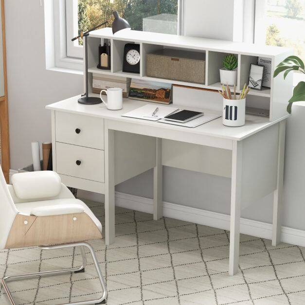 Computer Desk with Power Outlets and 5-Cubby Hutch-White Computer Desk with Power Outlets and 5-Cubby Hutch-White
